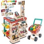 Supermercado Tienda de Juguete Puesto de Mercado Infantil con Carrito de la Compra, Scanner, Caja Registradora y más de 20 Accesorios de Imitación Incluidos (Rojo)