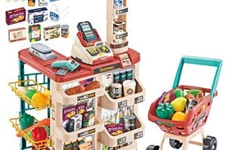 Supermercado Tienda de Juguete Puesto de Mercado Infantil con Carrito de la Compra, Scanner, Caja Registradora y más de 20 Accesorios de Imitación Incluidos (Rojo)